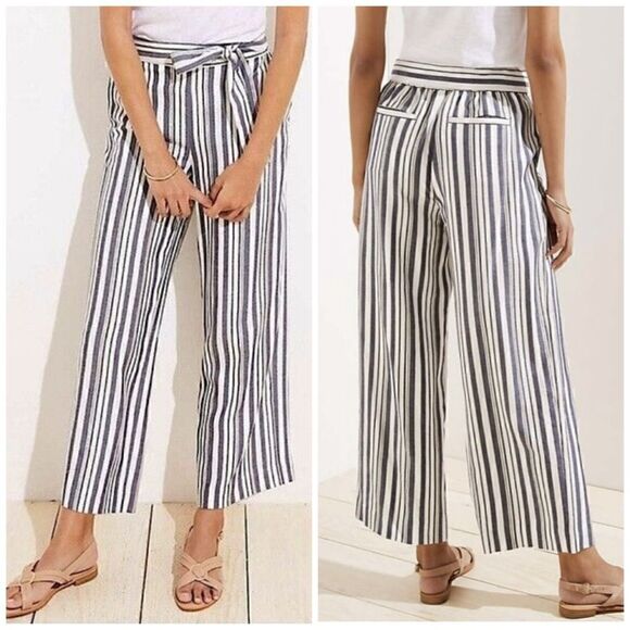 LOFT Striped Gold Metallic/Blue/Cream Pull On Pant | SZ S - Picture 1 of 12